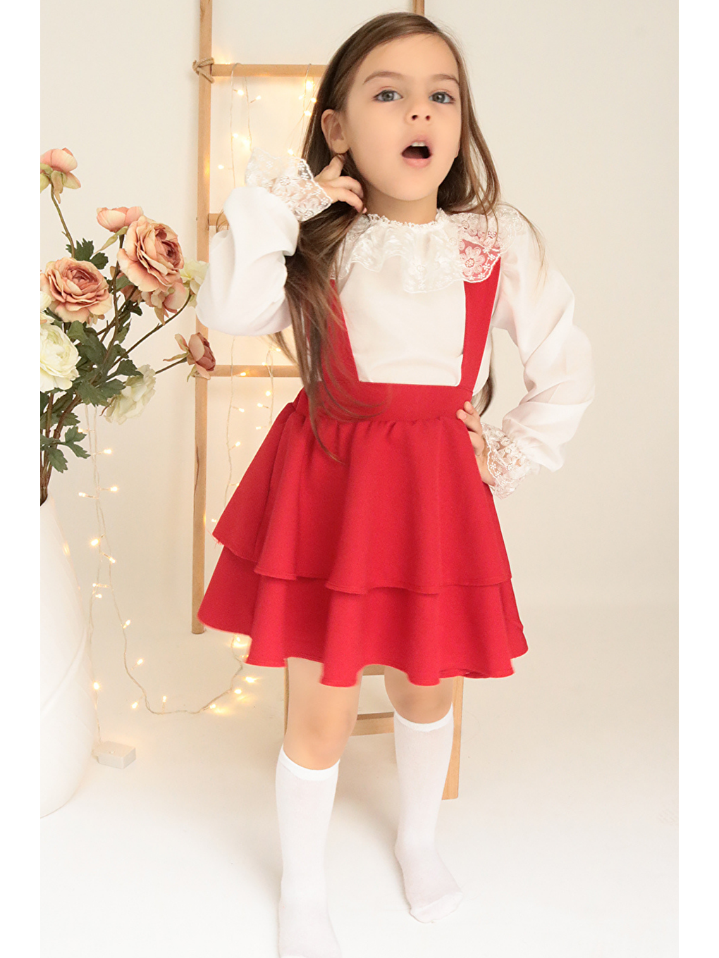 Kız Çocuk Helen Kırmızı Askılı Bağlama Jile 29 Ekim Elbise Ekru Dantel Uzun Kollu Bluz Abiye Takım-2