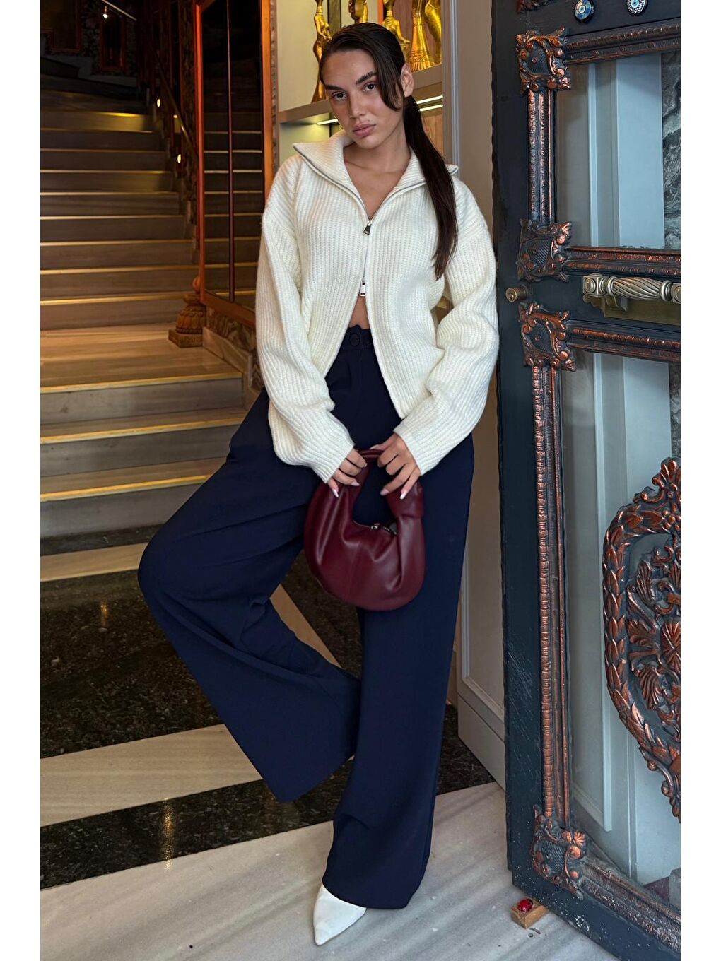 Ekru Fermuarlı Kadın Triko Hırka Mg2532-7