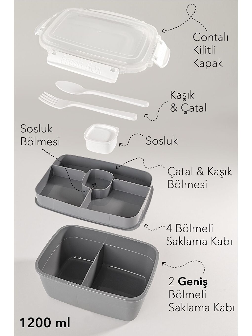 2 Katlı Kilitli Kapak Yemek Kabı Bölmeli Lunch Box Diyet Beslenme Kutusu Sosluk Çatal Kaşık Gri-1