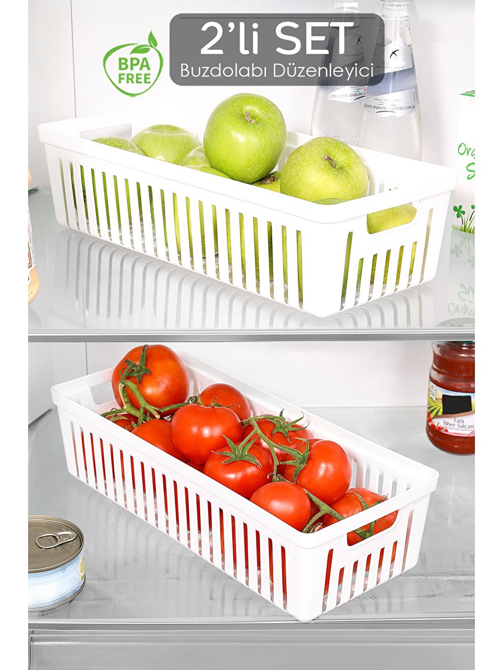 2 Adet Buzdolabı Düzenleyici Sepet Dolap İçi Meyve Sebze Düzenleyici Organizer Saklama Kabı Beyaz