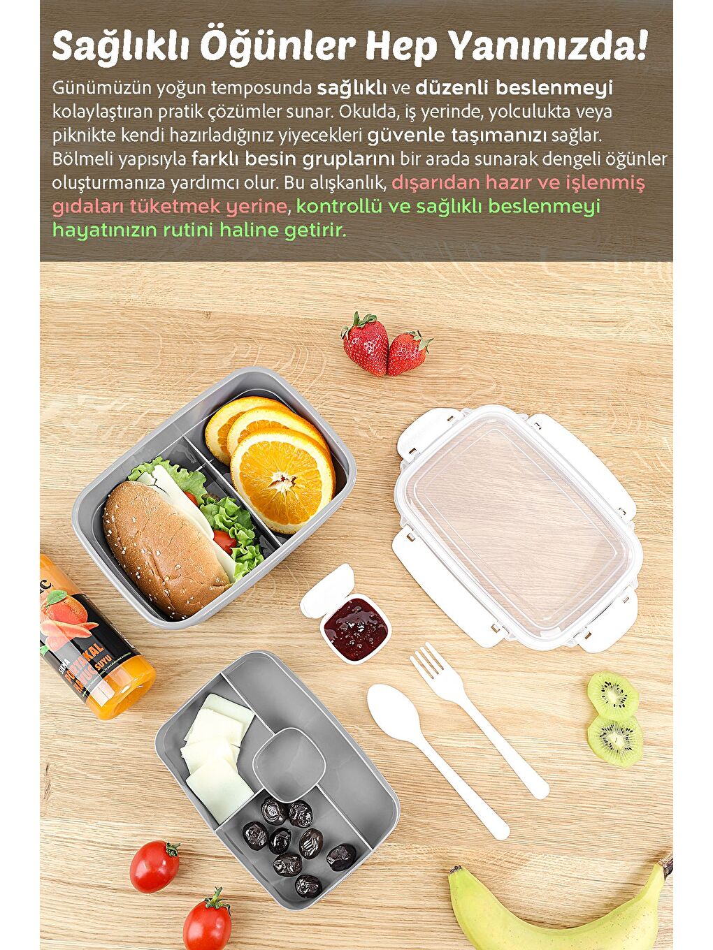 2 Katlı Kilitli Kapak Yemek Kabı Bölmeli Lunch Box Diyet Beslenme Kutusu Sosluk Çatal Kaşık Gri-2