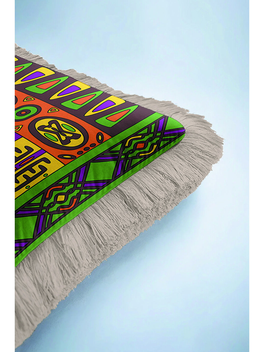 Karışık Etnik Geometrik Motifli Saçaklı Yastık Kılıfı - Bohem Renkli Mor Turuncu Püsküllü Kırlent Kılıfı-6