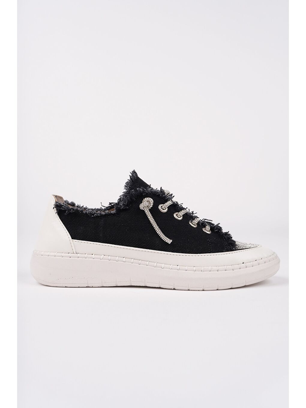 Siyah DAMSEL Bağcıklı Taşlı Kadın Günlük Denim Sneaker Spor Ayakkabı-2