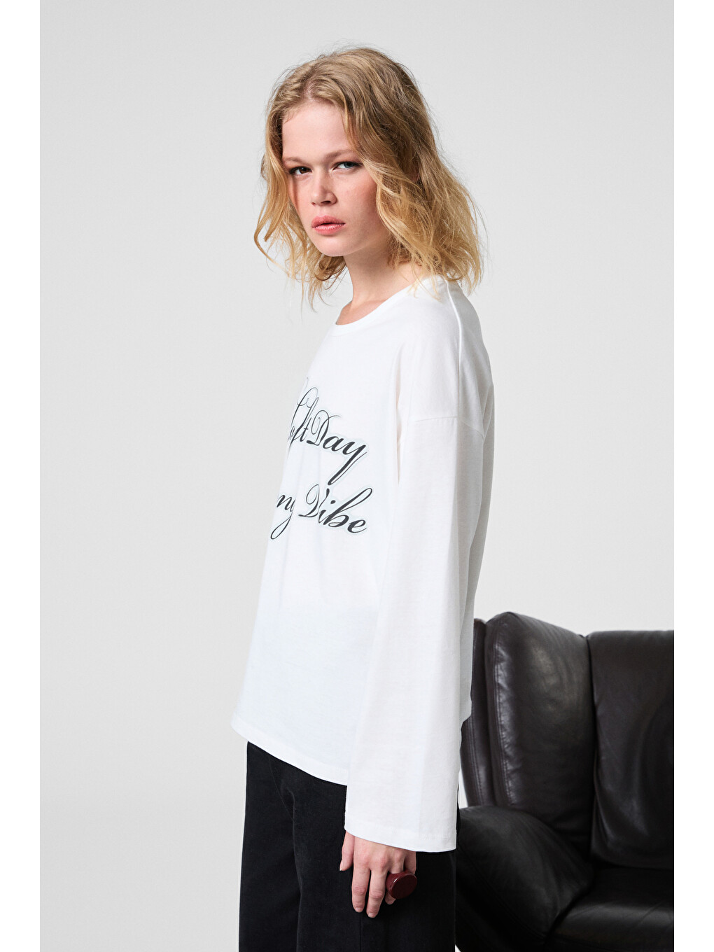 Beyaz DAZULU Kadın Yumuşak Kumaşlı Baskılı Uzun Kollu BEYAZ T-Shirt-3