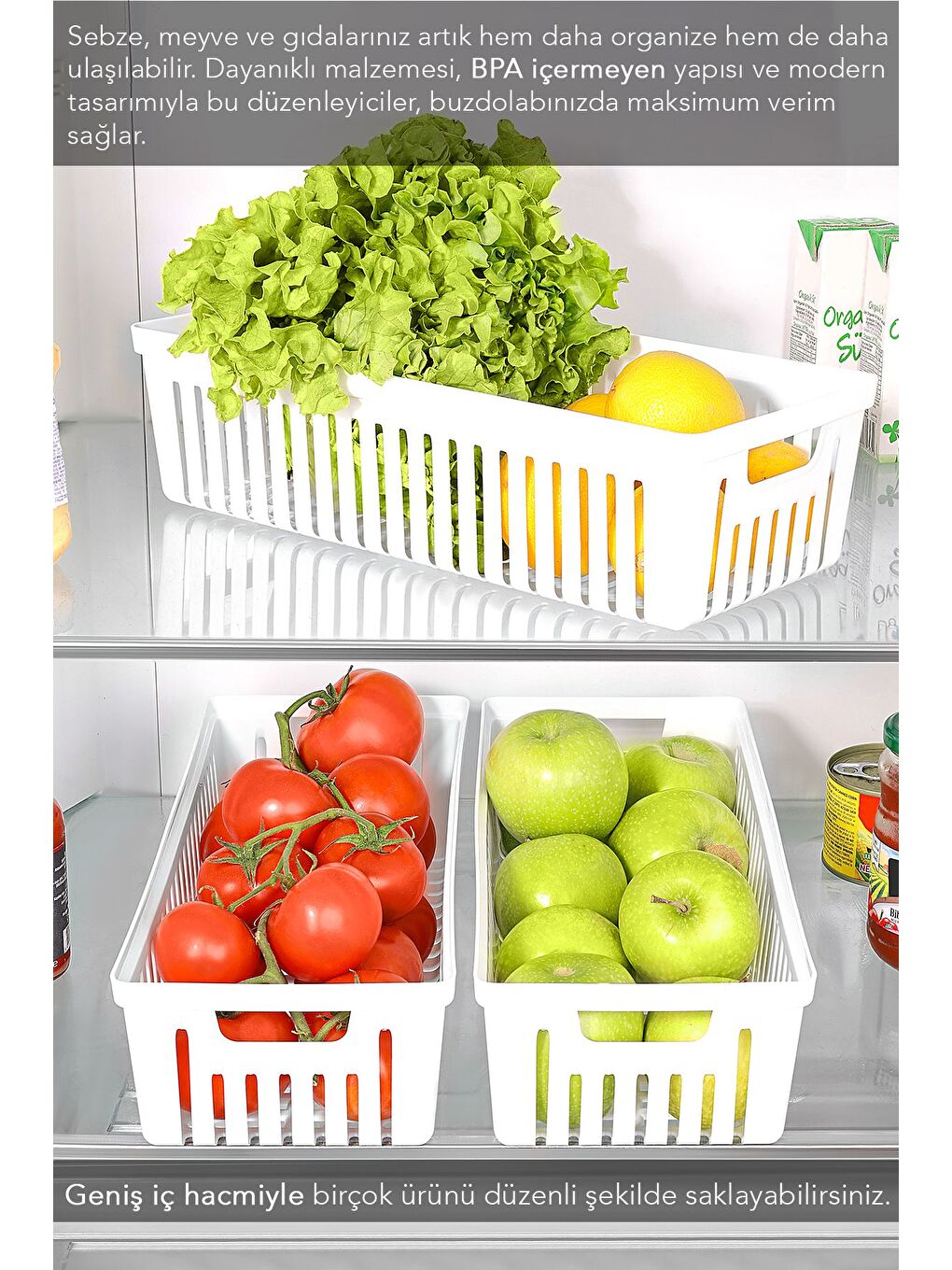 2 Adet Buzdolabı Düzenleyici Sepet Dolap İçi Meyve Sebze Düzenleyici Organizer Saklama Kabı Beyaz-3