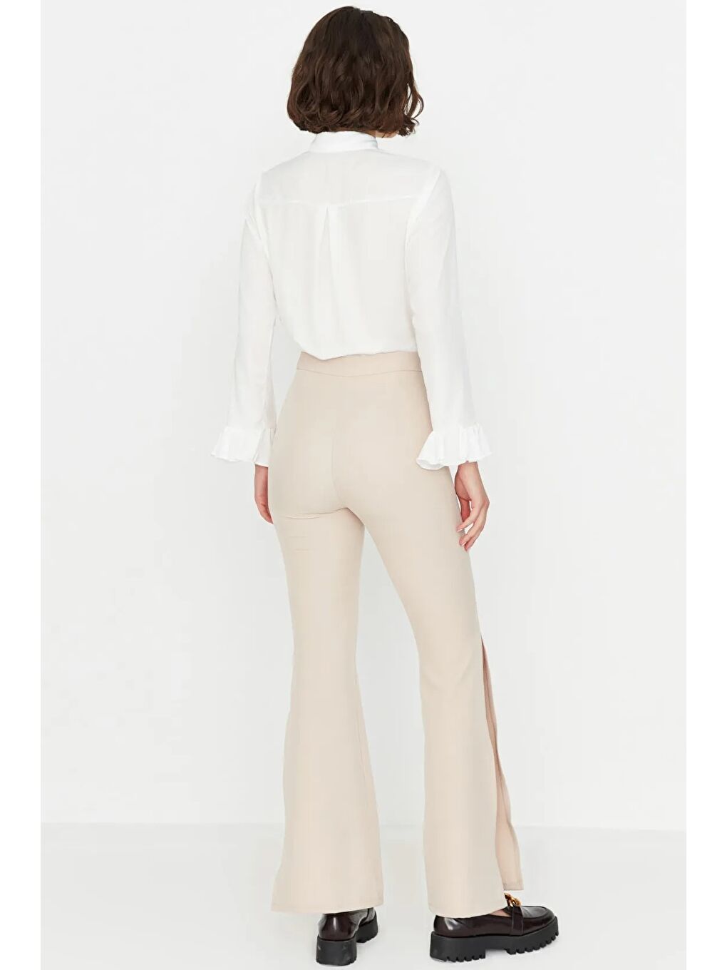 Bej Taş Flare İspanyol Paça Paçası Yırtmaçlı Dokuma Pantolon-6