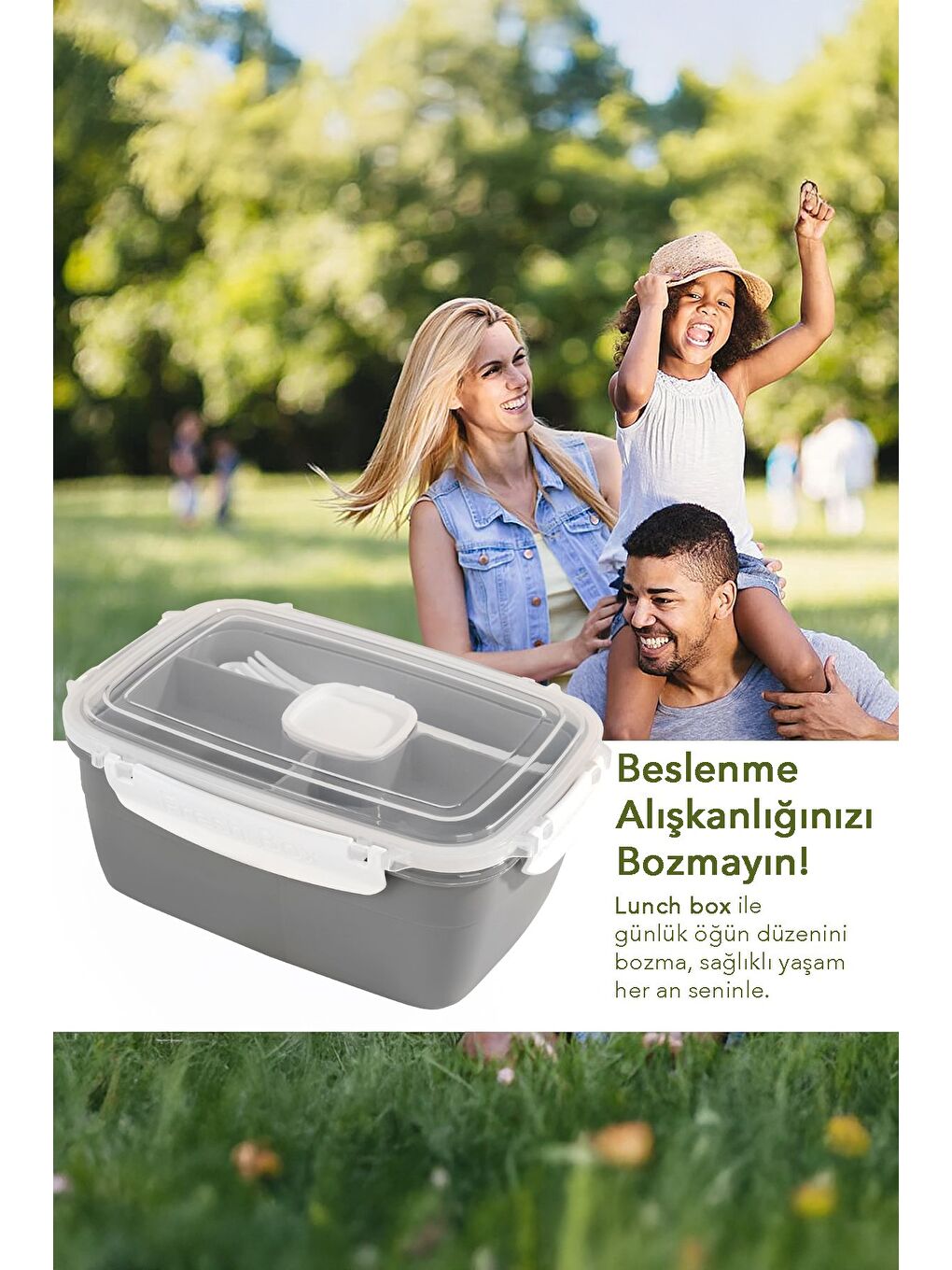 2 Katlı Kilitli Kapak Yemek Kabı Bölmeli Lunch Box Diyet Beslenme Kutusu Sosluk Çatal Kaşık Gri-5