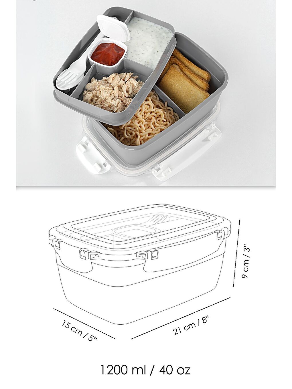 2 Katlı Kilitli Kapak Yemek Kabı Bölmeli Lunch Box Diyet Beslenme Kutusu Sosluk Çatal Kaşık Gri-6