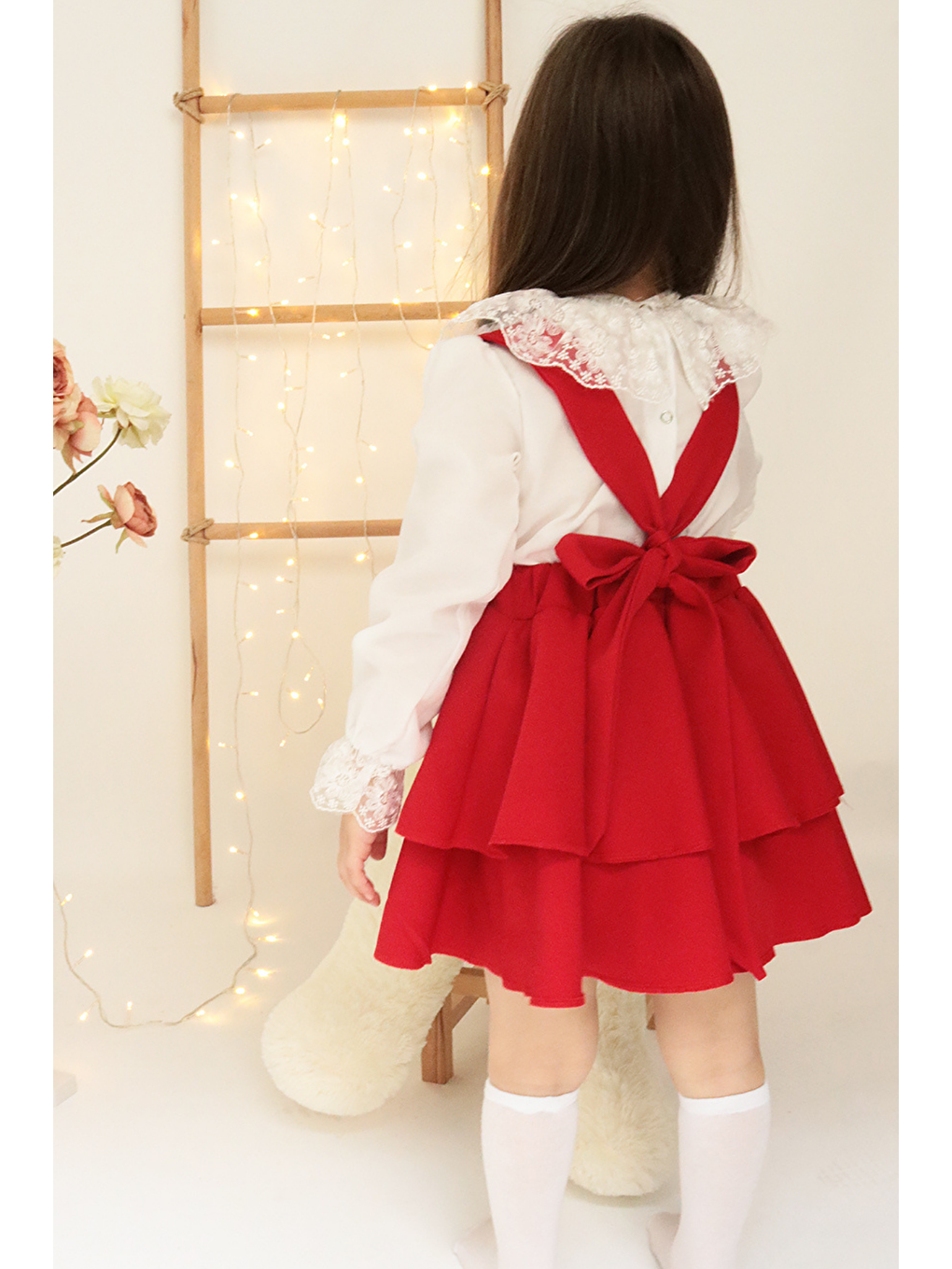 Kız Çocuk Helen Kırmızı Askılı Bağlama Jile 29 Ekim Elbise Ekru Dantel Uzun Kollu Bluz Abiye Takım-4