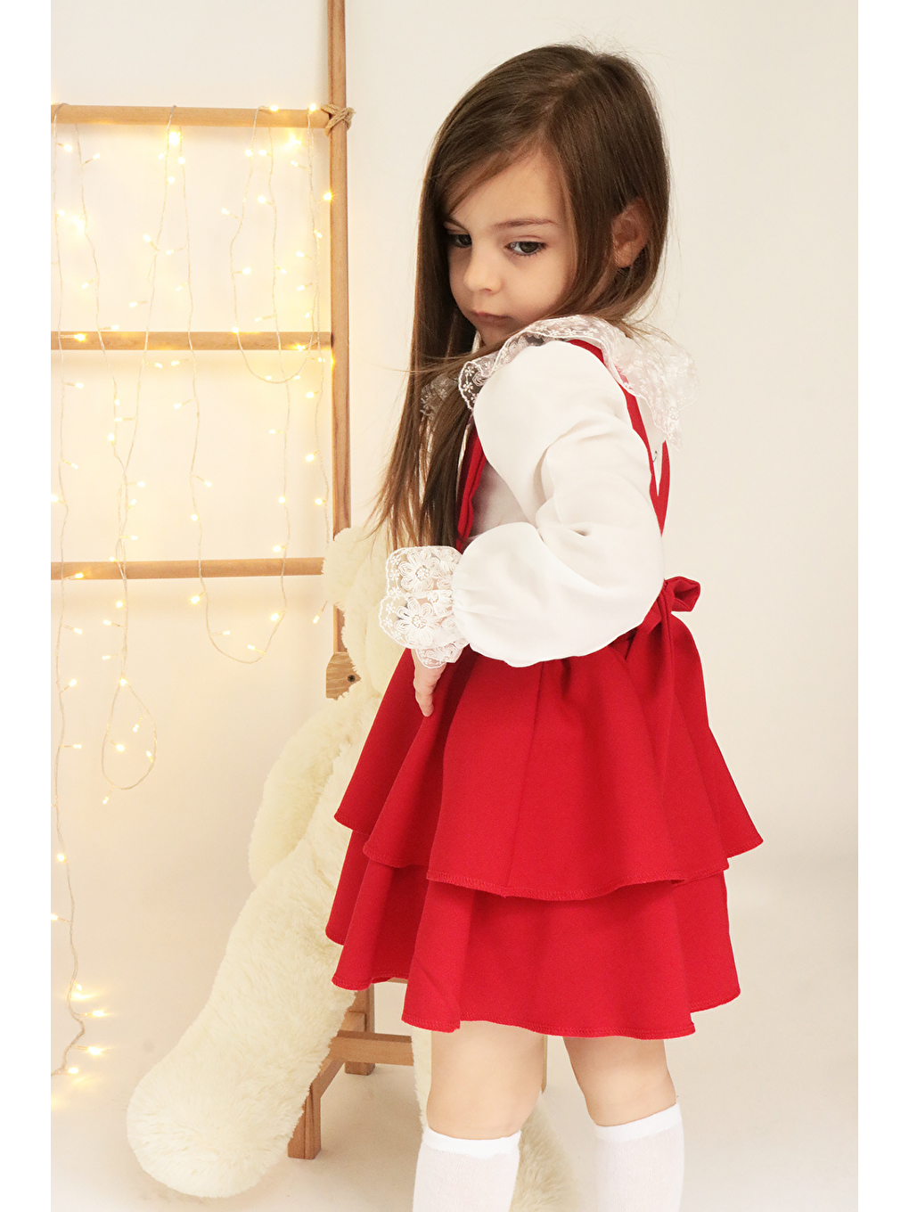 Kız Çocuk Helen Kırmızı Askılı Bağlama Jile 29 Ekim Elbise Ekru Dantel Uzun Kollu Bluz Abiye Takım-5