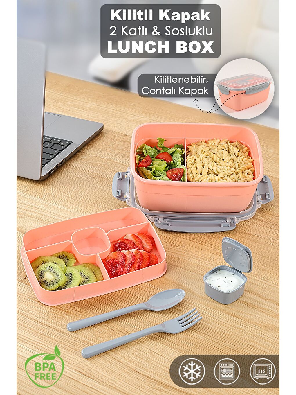 2 Katlı Kilitli Kapak Yemek Kabı Bölmeli Lunch Box Diyet Beslenme Kutusu Sosluk Çatal Kaşık Pembe