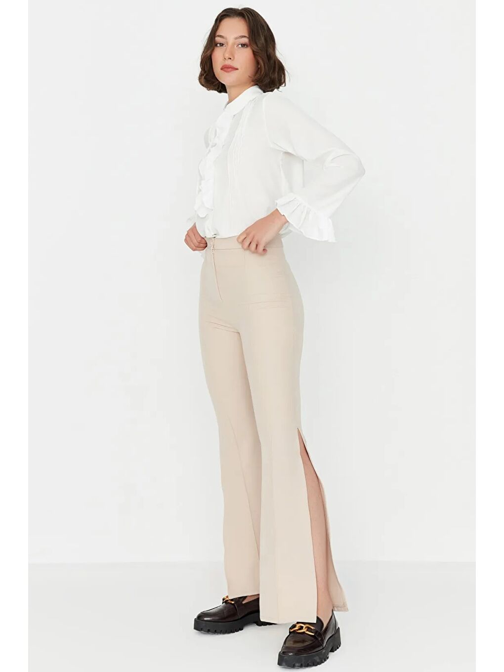 Bej Taş Flare İspanyol Paça Paçası Yırtmaçlı Dokuma Pantolon-7