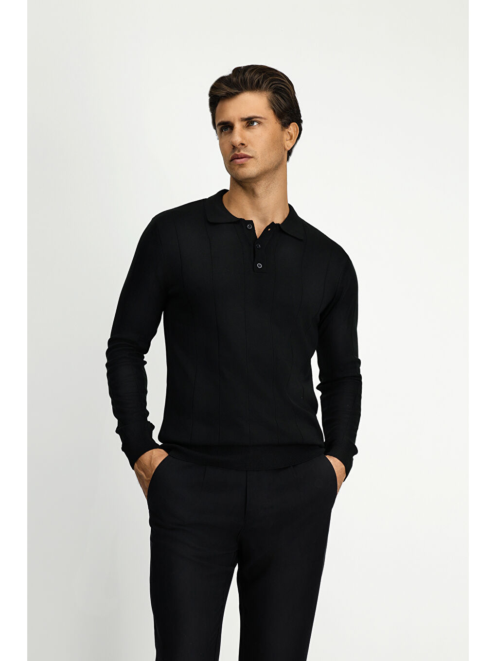 Siyah Polo Yaka Regular Fit Desenli Triko Büyük Beden Kazak