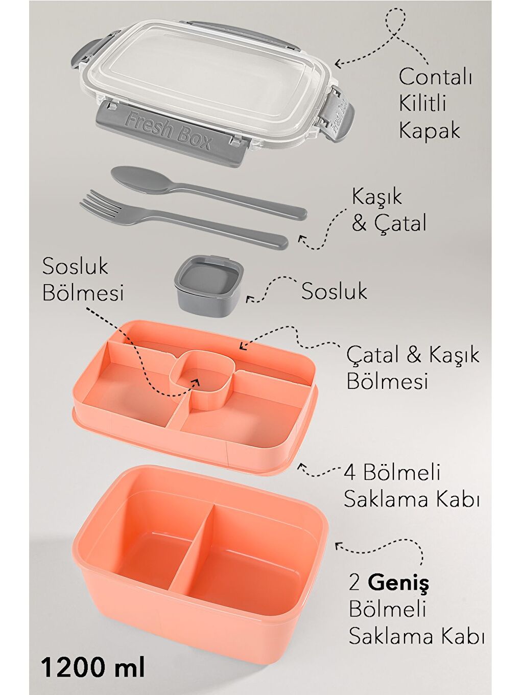 2 Katlı Kilitli Kapak Yemek Kabı Bölmeli Lunch Box Diyet Beslenme Kutusu Sosluk Çatal Kaşık Pembe-1