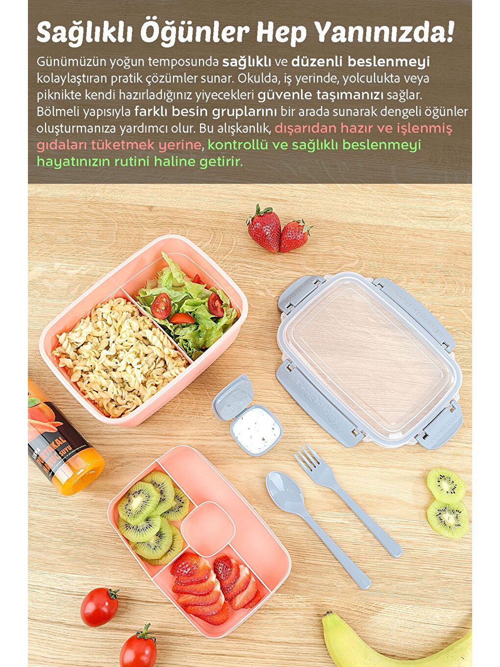 2 Katlı Kilitli Kapak Yemek Kabı Bölmeli Lunch Box Diyet Beslenme Kutusu Sosluk Çatal Kaşık Pembe-2