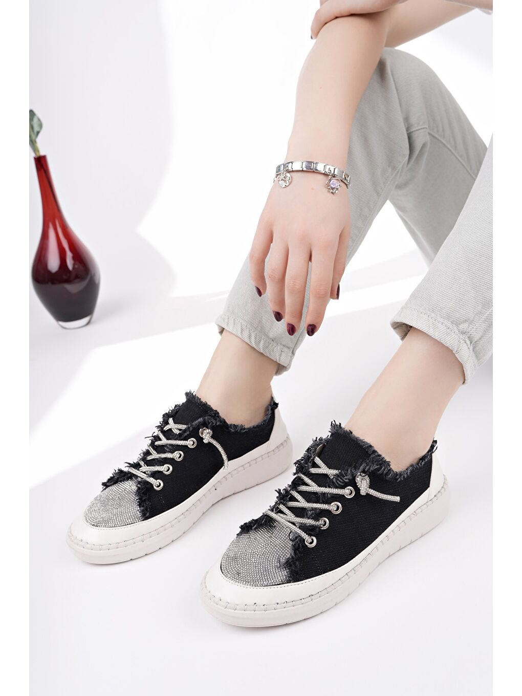 Siyah DAMSEL Bağcıklı Taşlı Kadın Günlük Denim Sneaker Spor Ayakkabı-4