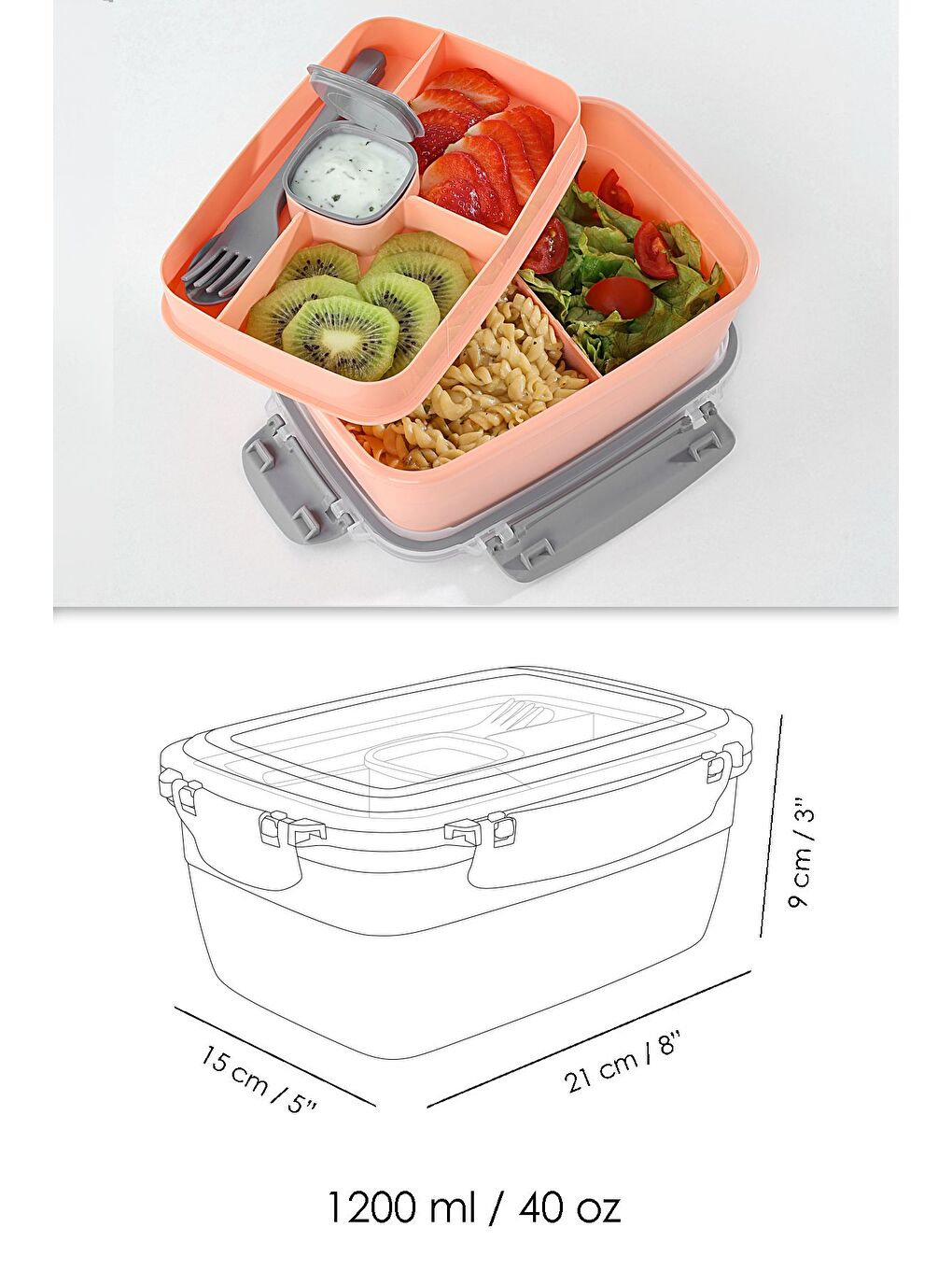 2 Katlı Kilitli Kapak Yemek Kabı Bölmeli Lunch Box Diyet Beslenme Kutusu Sosluk Çatal Kaşık Pembe-6