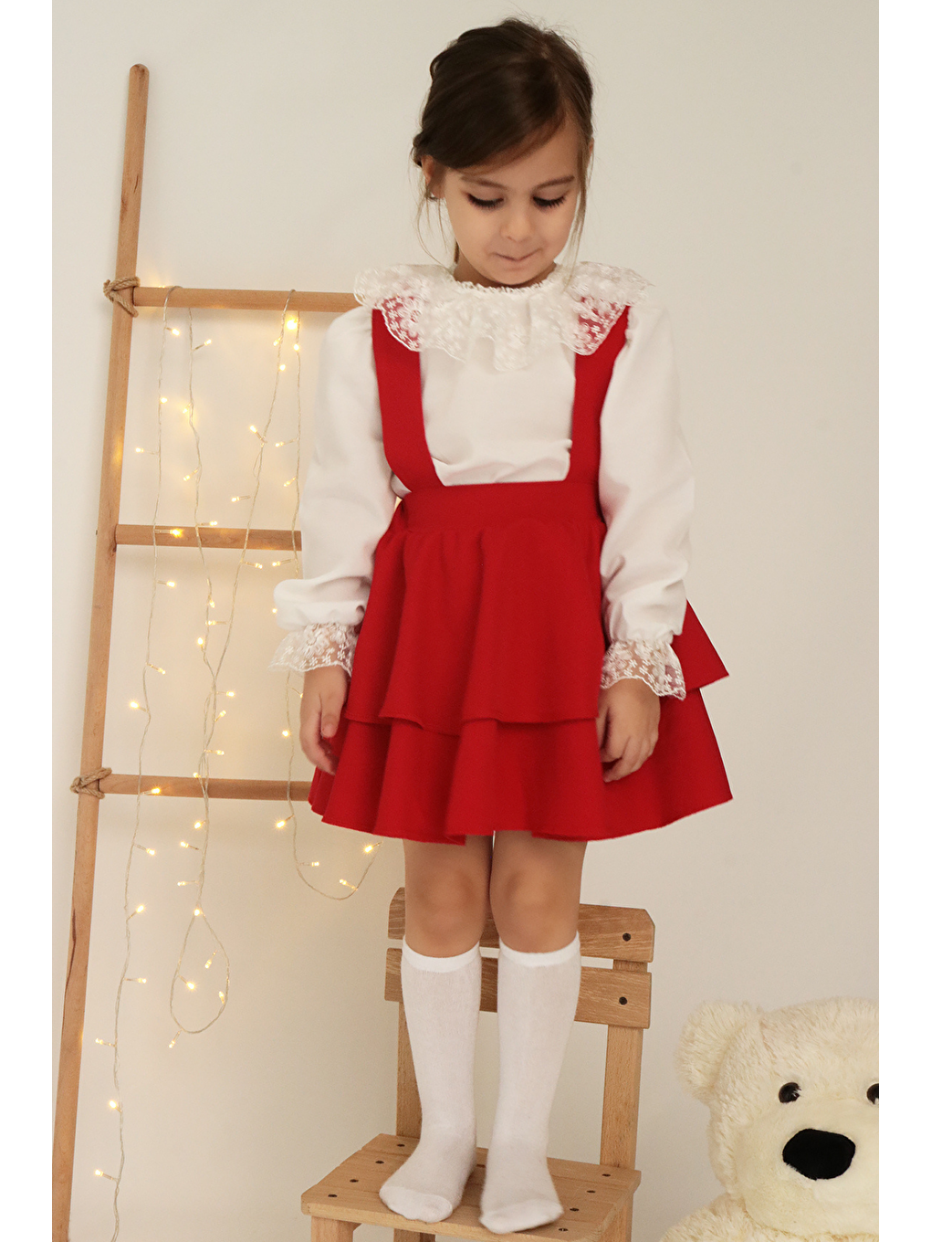 Kız Çocuk Helen Kırmızı Askılı Bağlama Jile 29 Ekim Elbise Ekru Dantel Uzun Kollu Bluz Abiye Takım-6