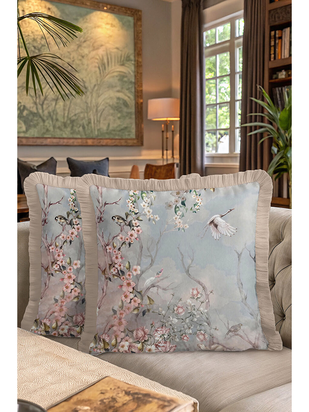 Karışık Elegan Çiçekli Kuşlu Saçaklı Yastık Kılıfı - Pastel Bahar Romantik Vintage Püsküllü Kırlent Kılıfı-7