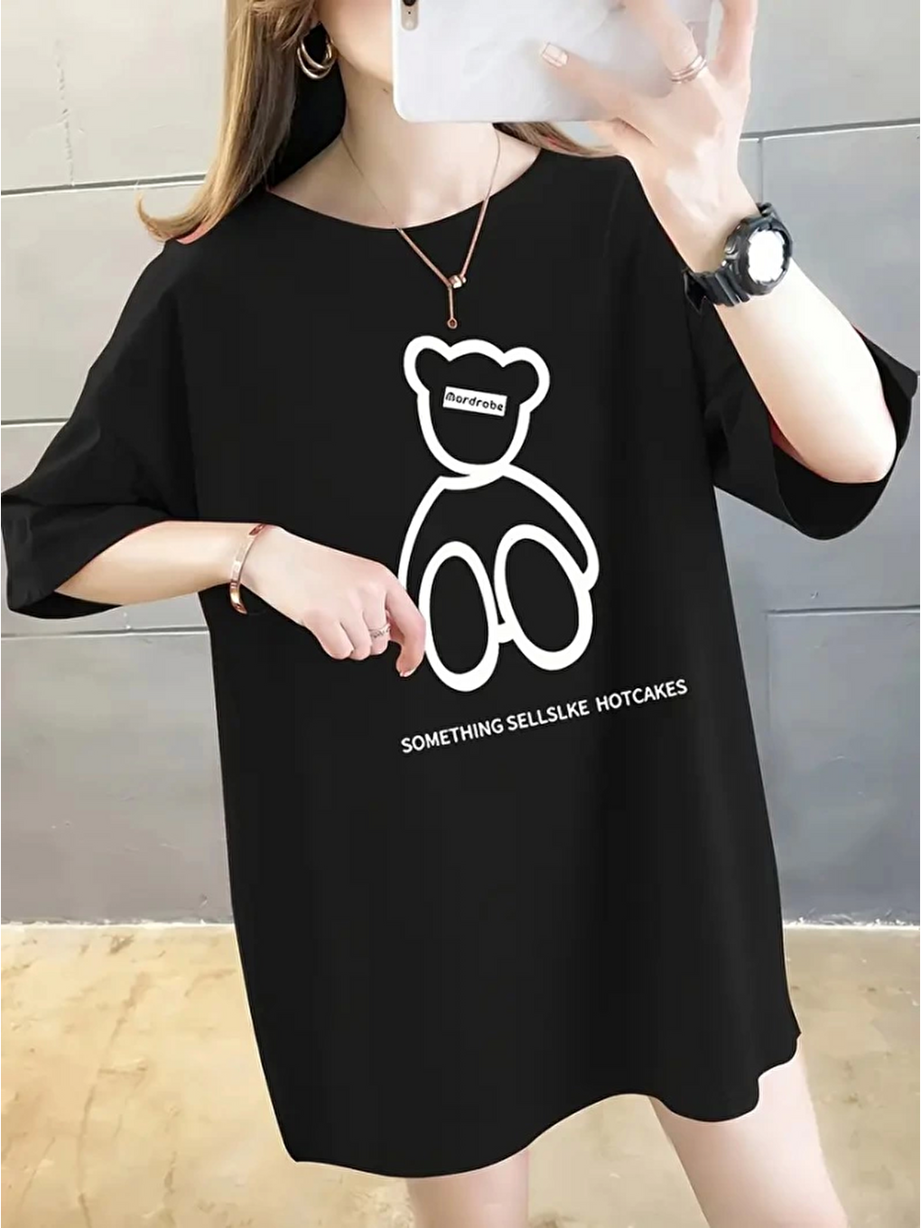 Baskılı Oversize Bisiklet Yaka T-shirt - Siyah-1