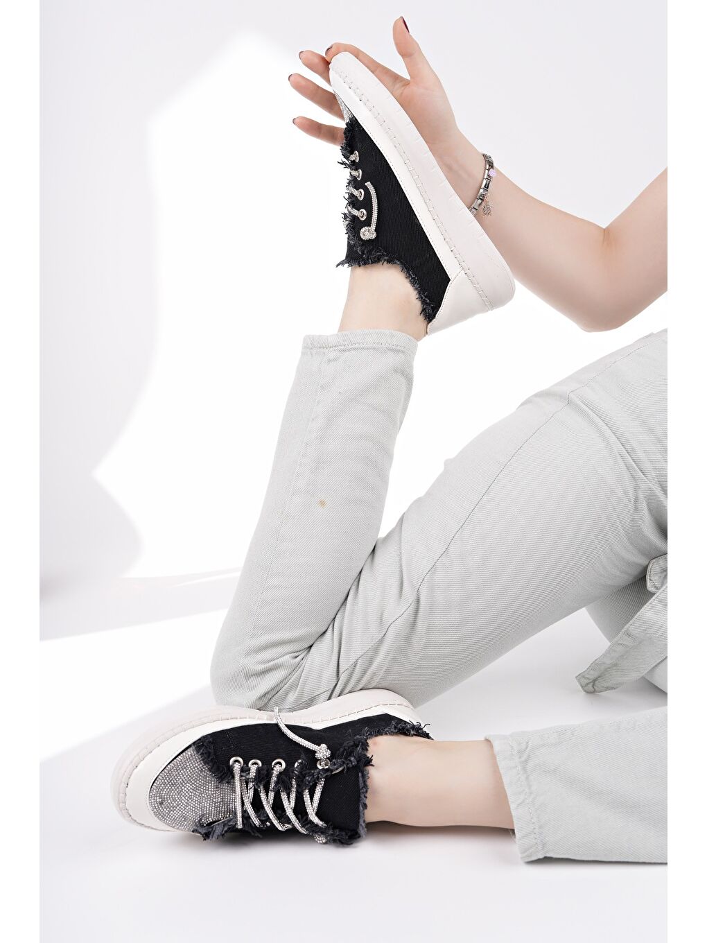 Siyah DAMSEL Bağcıklı Taşlı Kadın Günlük Denim Sneaker Spor Ayakkabı-5