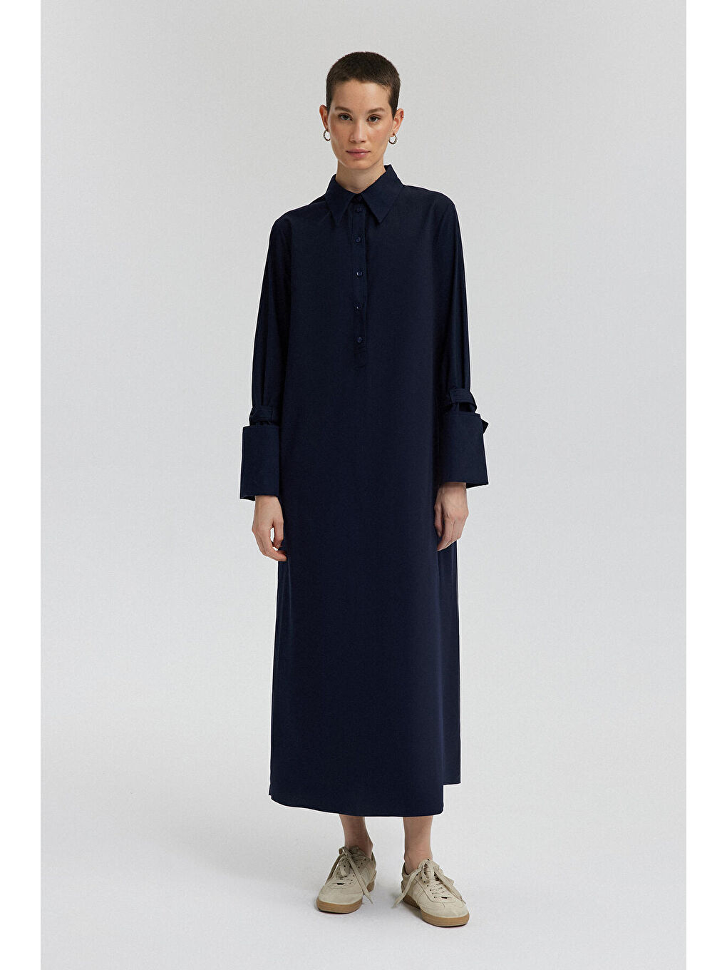 Lacivert Geniş Manşetli Poplin Elbise-1
