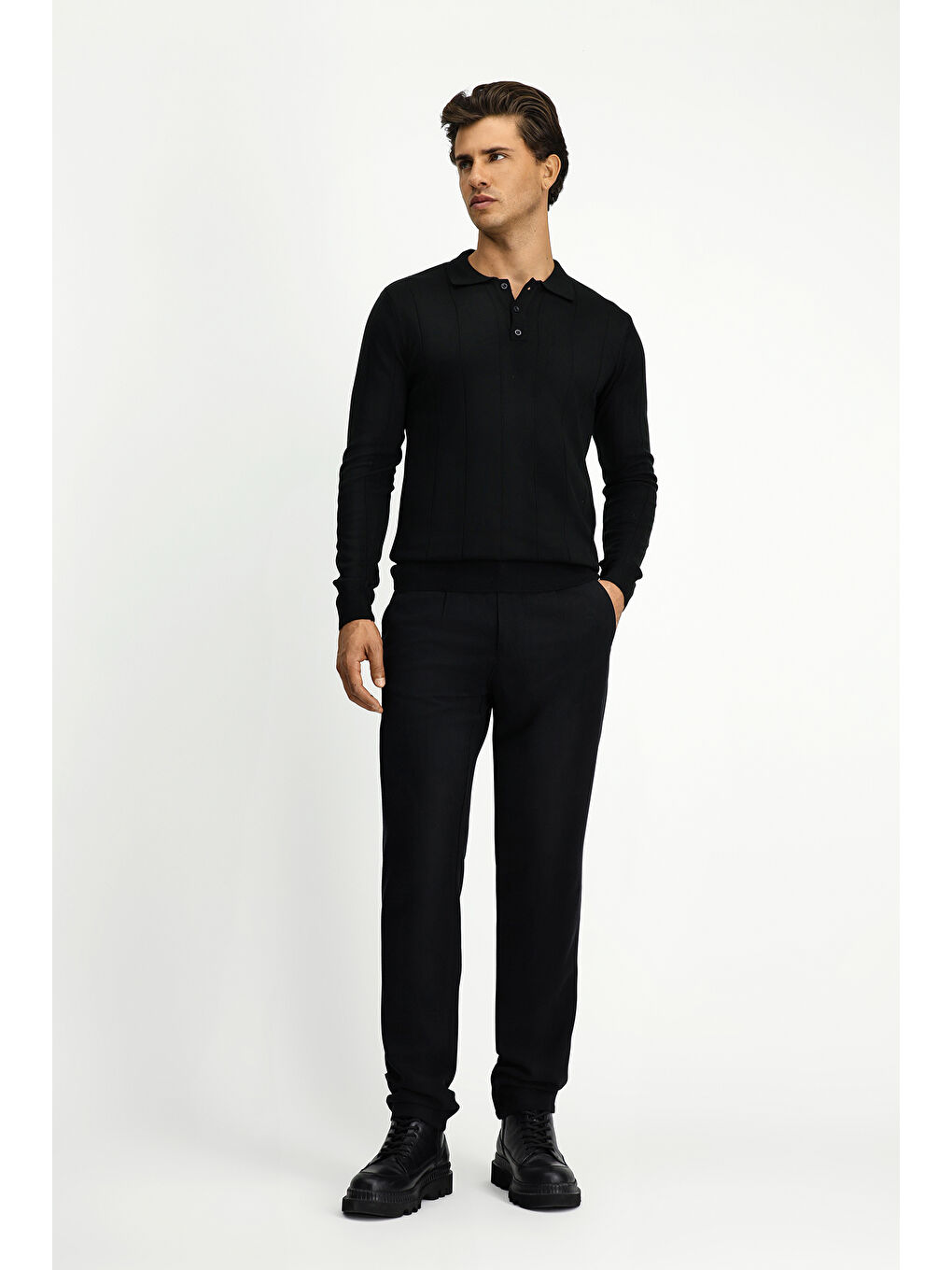 Siyah Polo Yaka Regular Fit Desenli Triko Büyük Beden Kazak-1