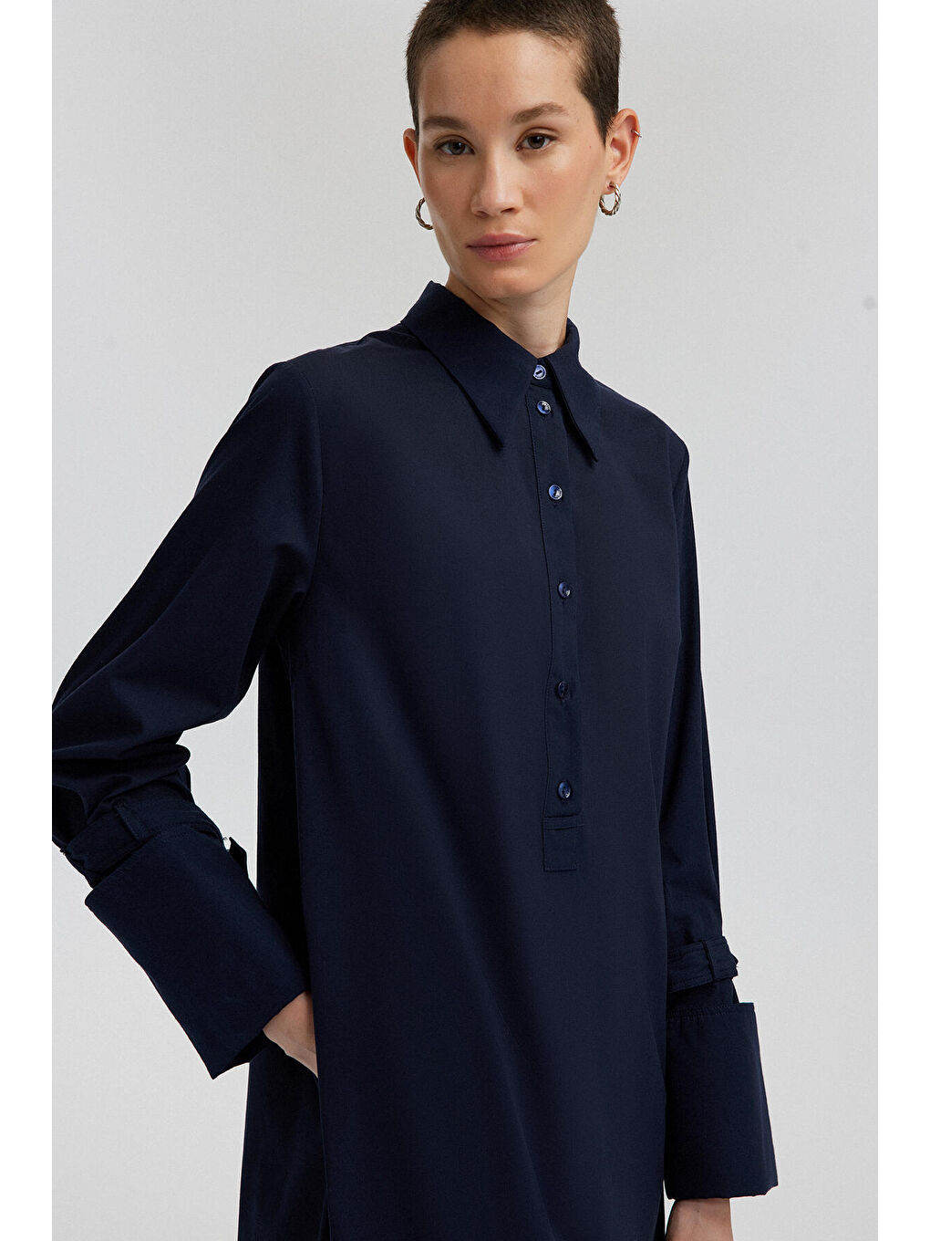 Lacivert Geniş Manşetli Poplin Elbise-2