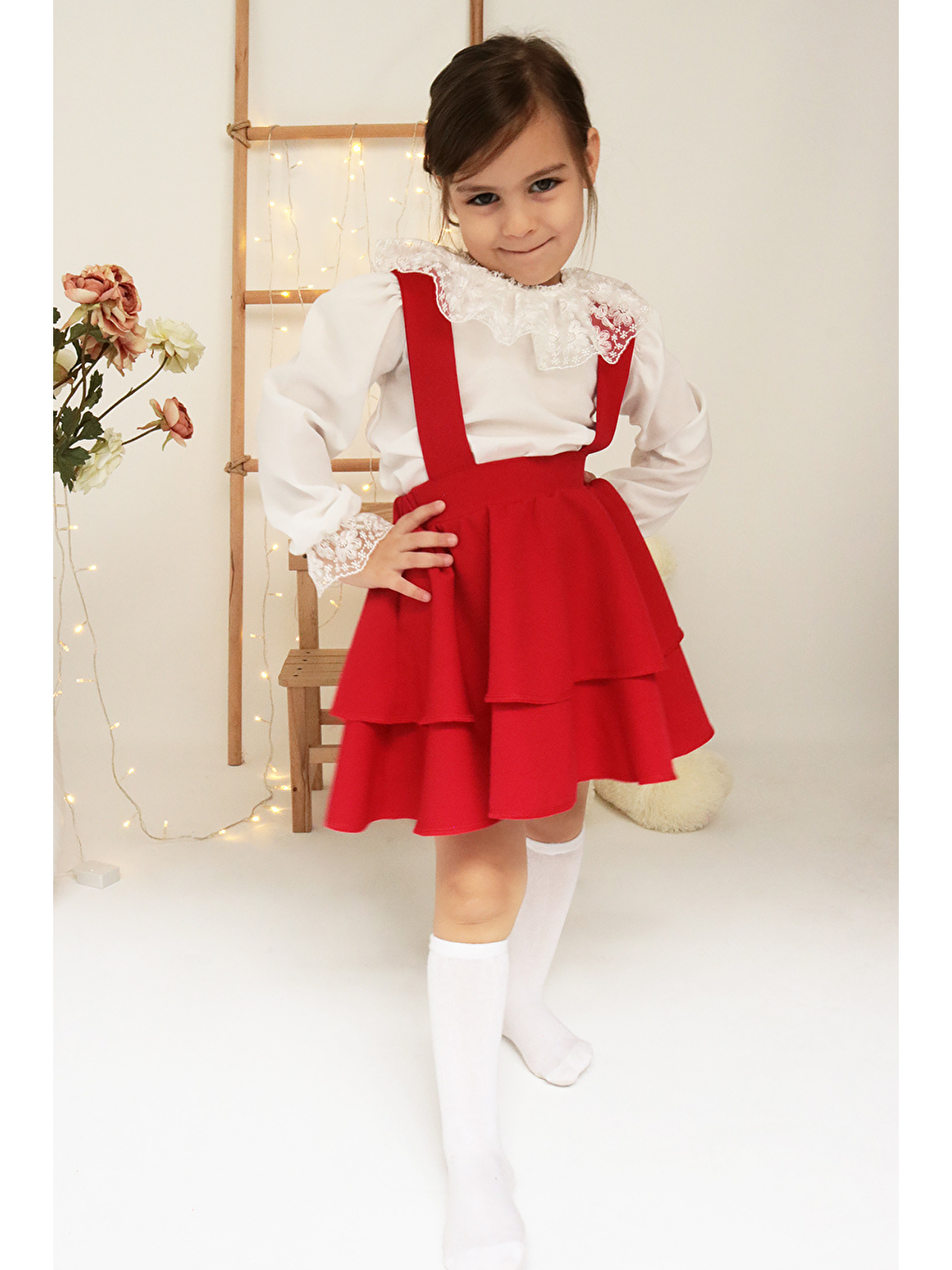 Kız Çocuk Helen Kırmızı Askılı Bağlama Jile 29 Ekim Elbise Ekru Dantel Uzun Kollu Bluz Abiye Takım-7