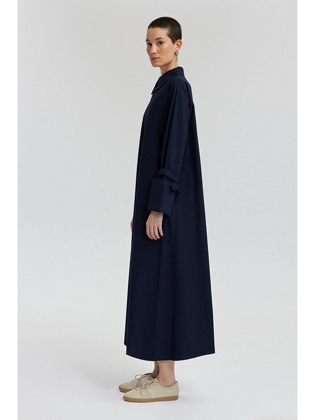 Lacivert Geniş Manşetli Poplin Elbise-3