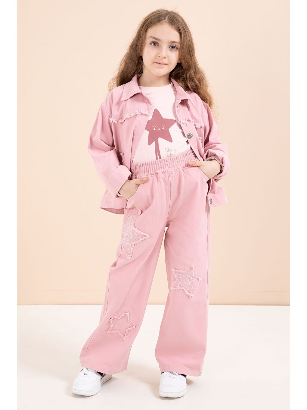 Pembe Taşlı Yıldız Nakışlı Jean Ceketli 3lü Pantolonlu Kız Takım 23435