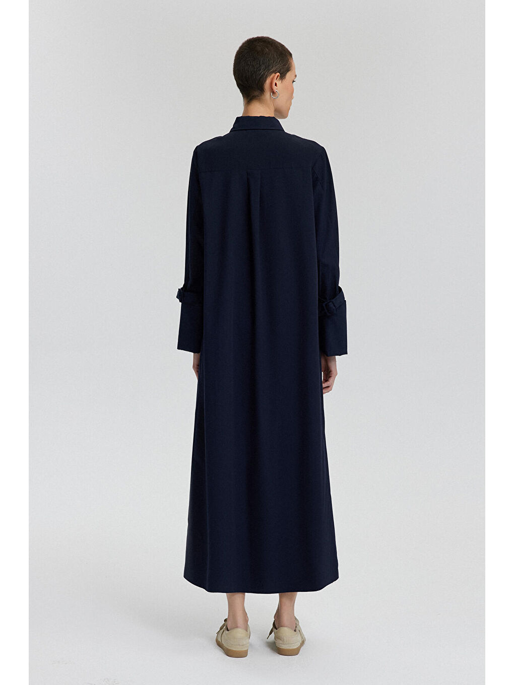 Lacivert Geniş Manşetli Poplin Elbise-4