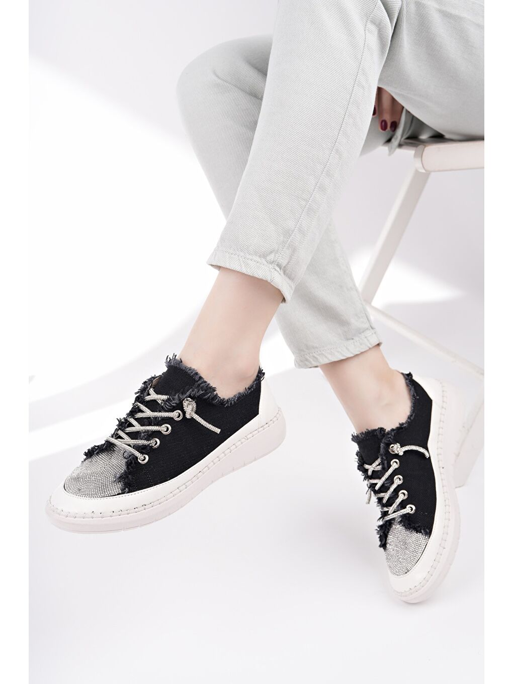 Siyah DAMSEL Bağcıklı Taşlı Kadın Günlük Denim Sneaker Spor Ayakkabı-6