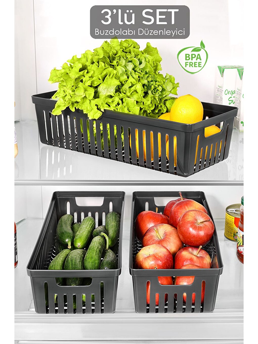3 Adet Buzdolabı Düzenleyici Sepet Dolap İçi Meyve Sebze Düzenleyici Organizer Saklama Kabı Siyah