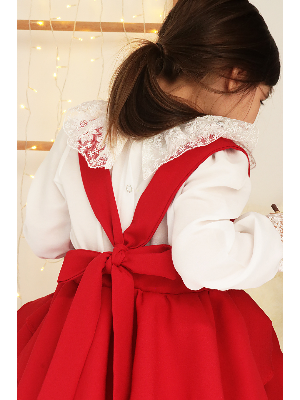 Kız Çocuk Helen Kırmızı Askılı Bağlama Jile 29 Ekim Elbise Ekru Dantel Uzun Kollu Bluz Abiye Takım-8
