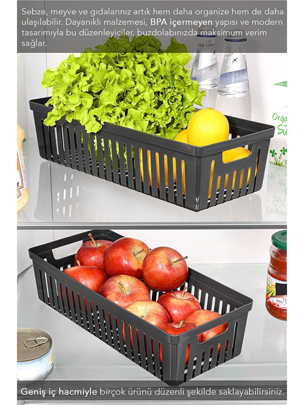 3 Adet Buzdolabı Düzenleyici Sepet Dolap İçi Meyve Sebze Düzenleyici Organizer Saklama Kabı Siyah-3