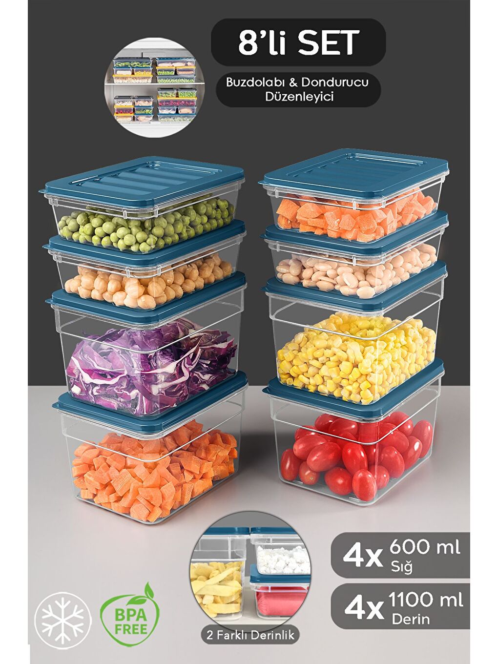 8li Buzdolabı Organizer Set Düzenleyici Erzak Saklama Kabı Derin ve Sığ Difriz Kabı S Mavi