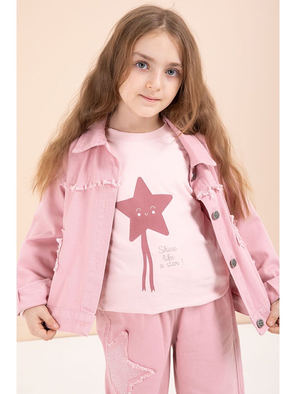 Pembe Taşlı Yıldız Nakışlı Jean Ceketli 3lü Pantolonlu Kız Takım 23435-1