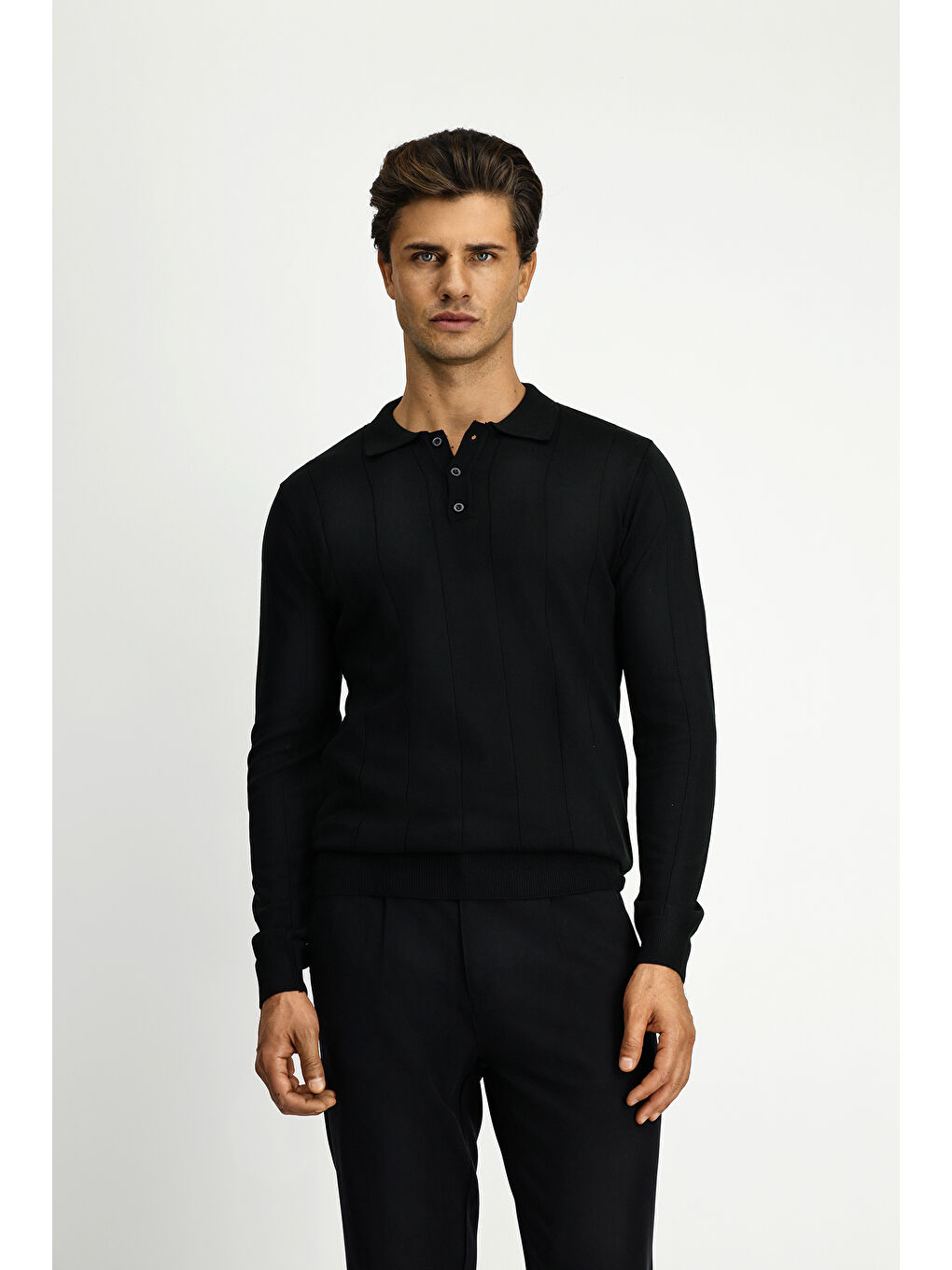 Siyah Polo Yaka Regular Fit Desenli Triko Büyük Beden Kazak-2