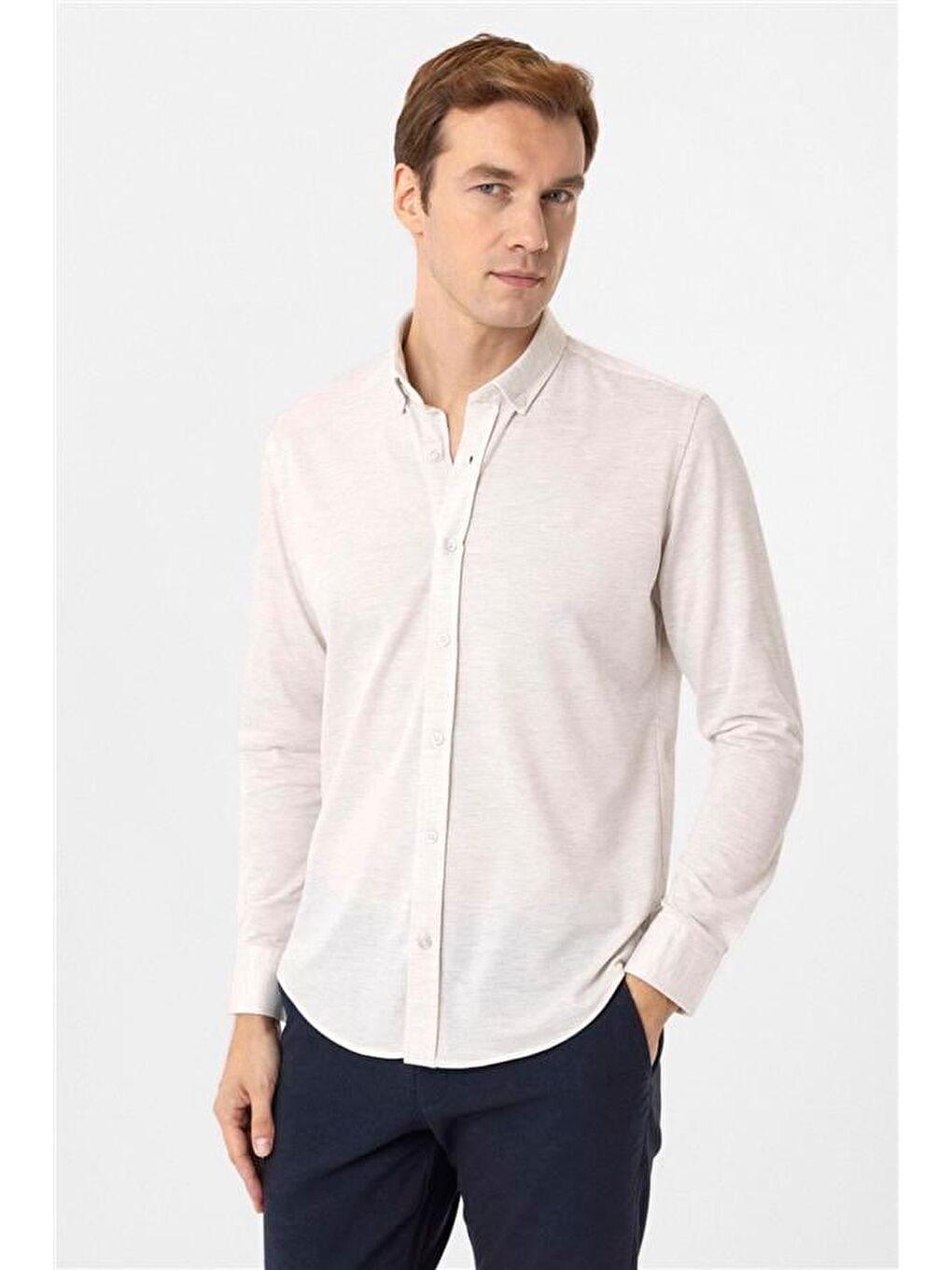 Ekru Slim Armürlü Düğmeli Yaka Gömlek