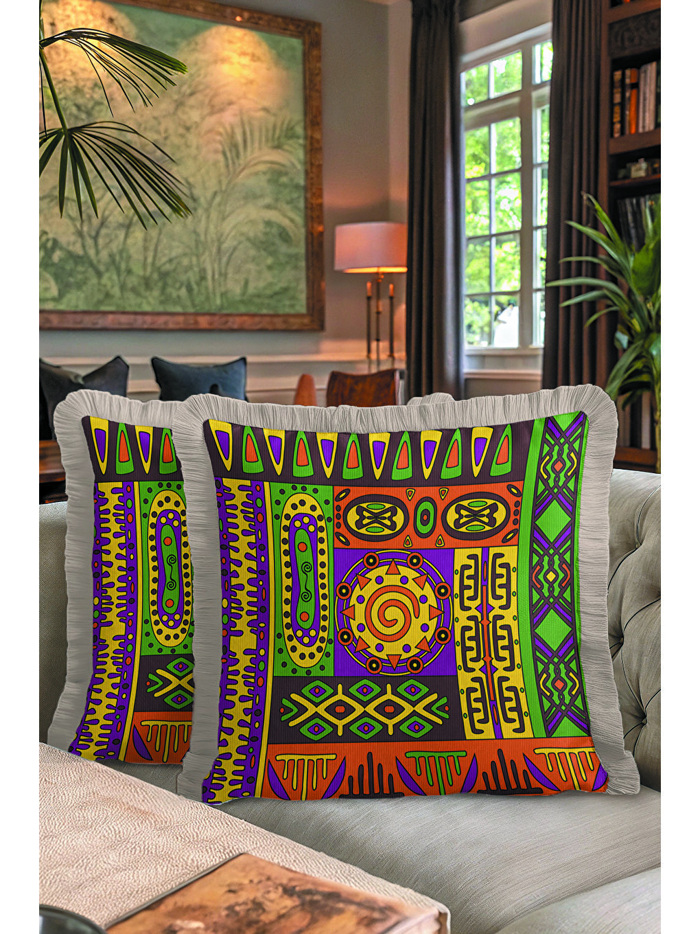 Karışık Etnik Geometrik Motifli Saçaklı Yastık Kılıfı - Bohem Renkli Mor Turuncu Püsküllü Kırlent Kılıfı-7