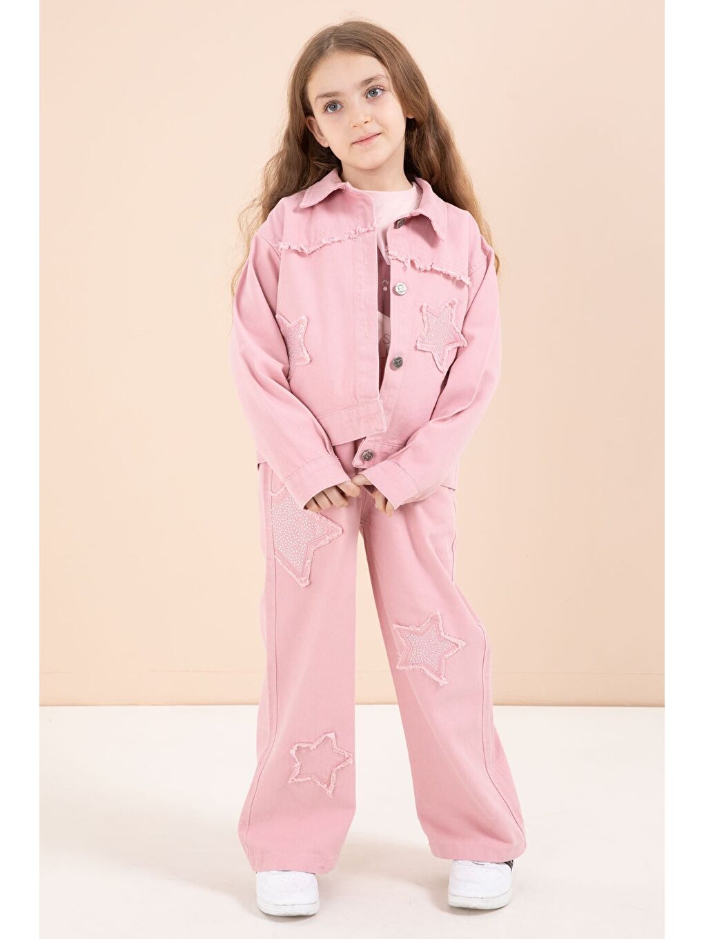 Pembe Taşlı Yıldız Nakışlı Jean Ceketli 3lü Pantolonlu Kız Takım 23435-2