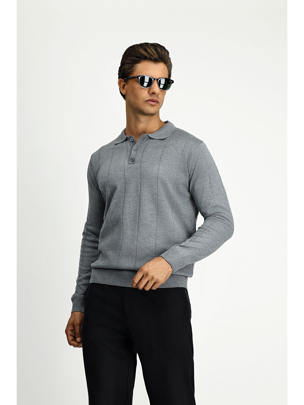 Gri Polo Yaka Regular Fit Desenli Triko Büyük Beden Kazak