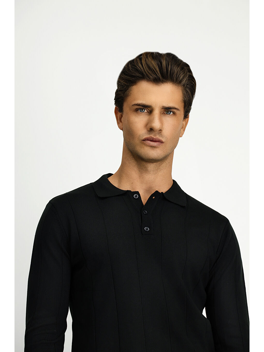 Siyah Polo Yaka Regular Fit Desenli Triko Büyük Beden Kazak-3