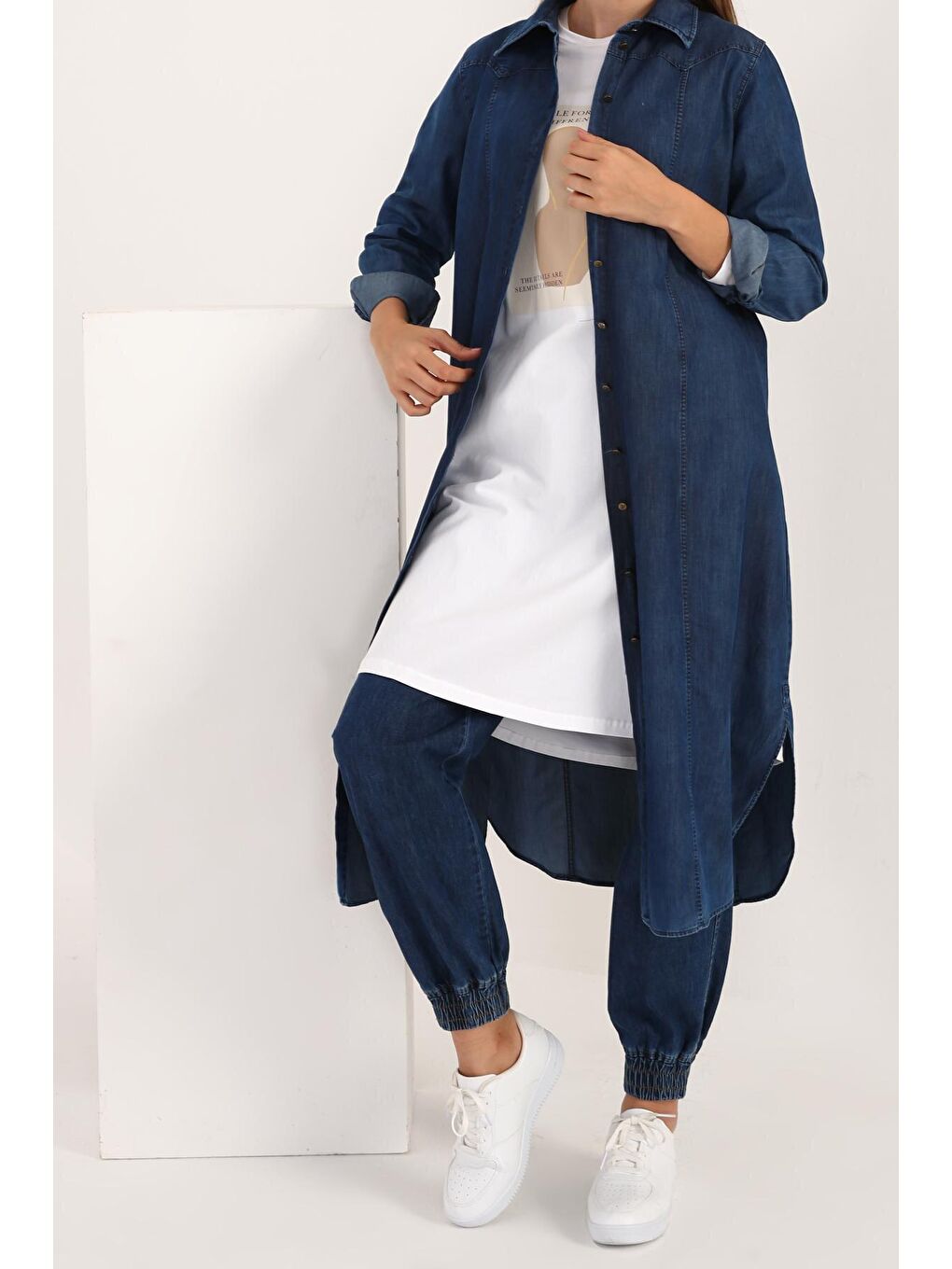 Orta Mavi Parçalı Denim Gömlek Tunik