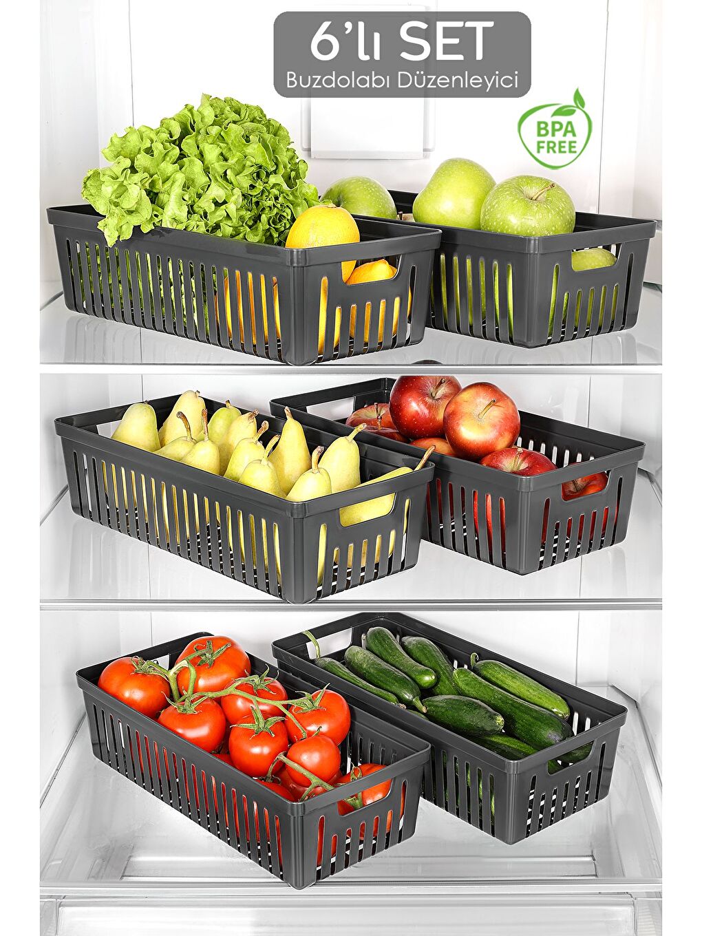 6 Adet Buzdolabı Düzenleyici Sepet Dolap İçi Meyve Sebze Düzenleyici Organizer Saklama Kabı Siyah