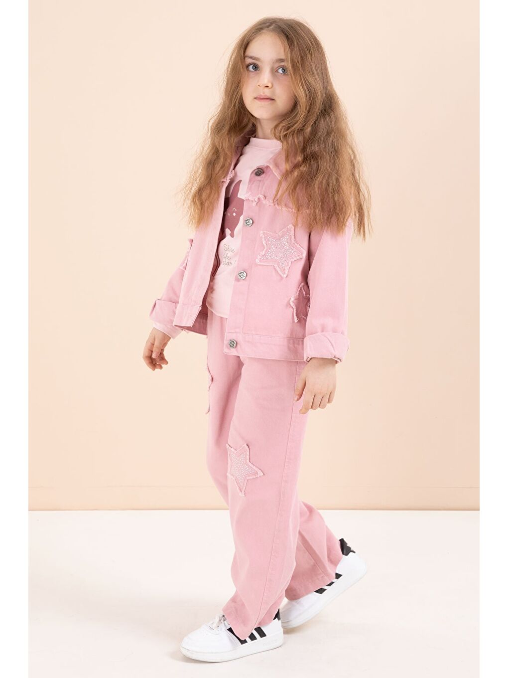 Pembe Taşlı Yıldız Nakışlı Jean Ceketli 3lü Pantolonlu Kız Takım 23435-3