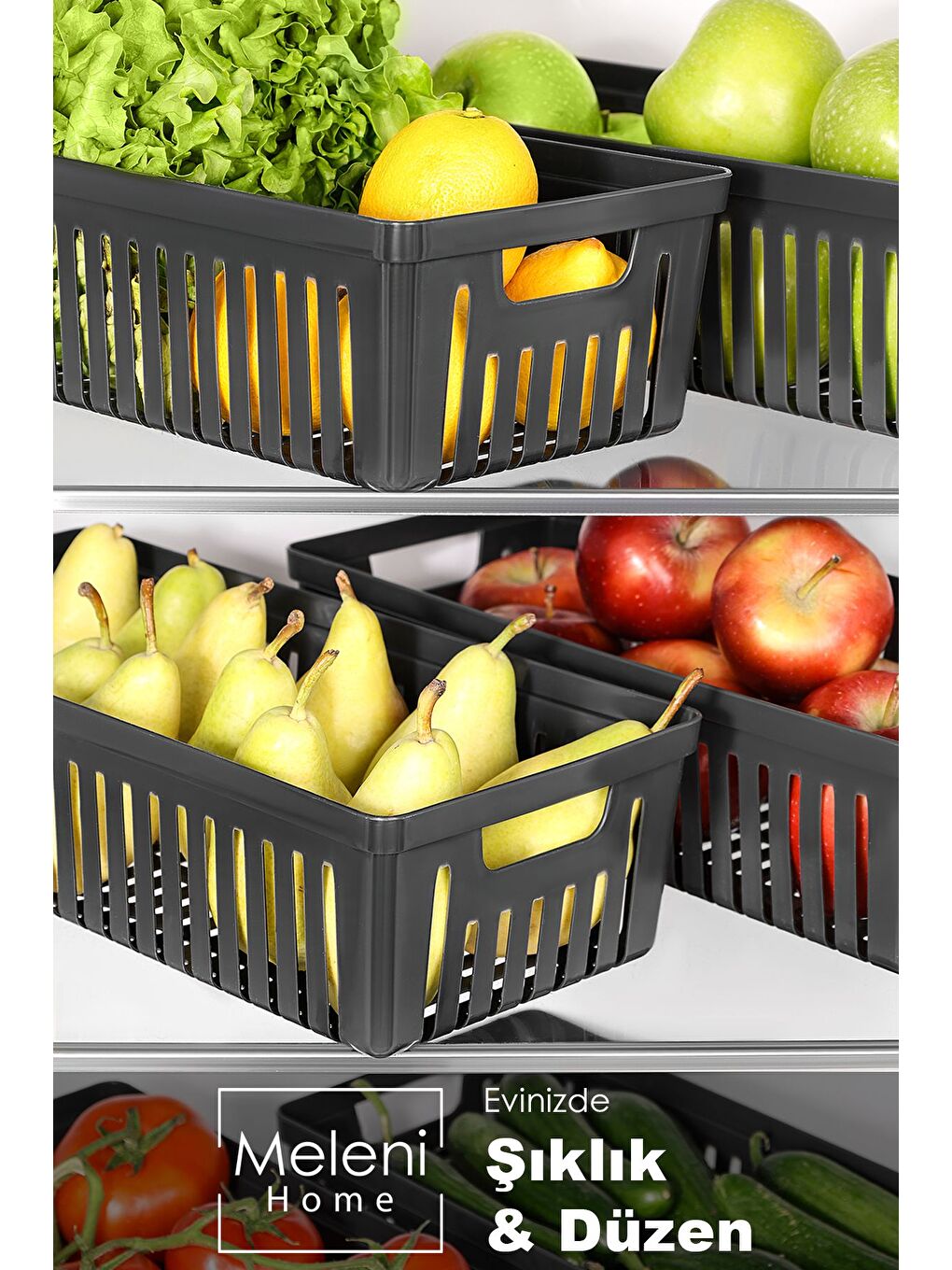 6 Adet Buzdolabı Düzenleyici Sepet Dolap İçi Meyve Sebze Düzenleyici Organizer Saklama Kabı Siyah-2