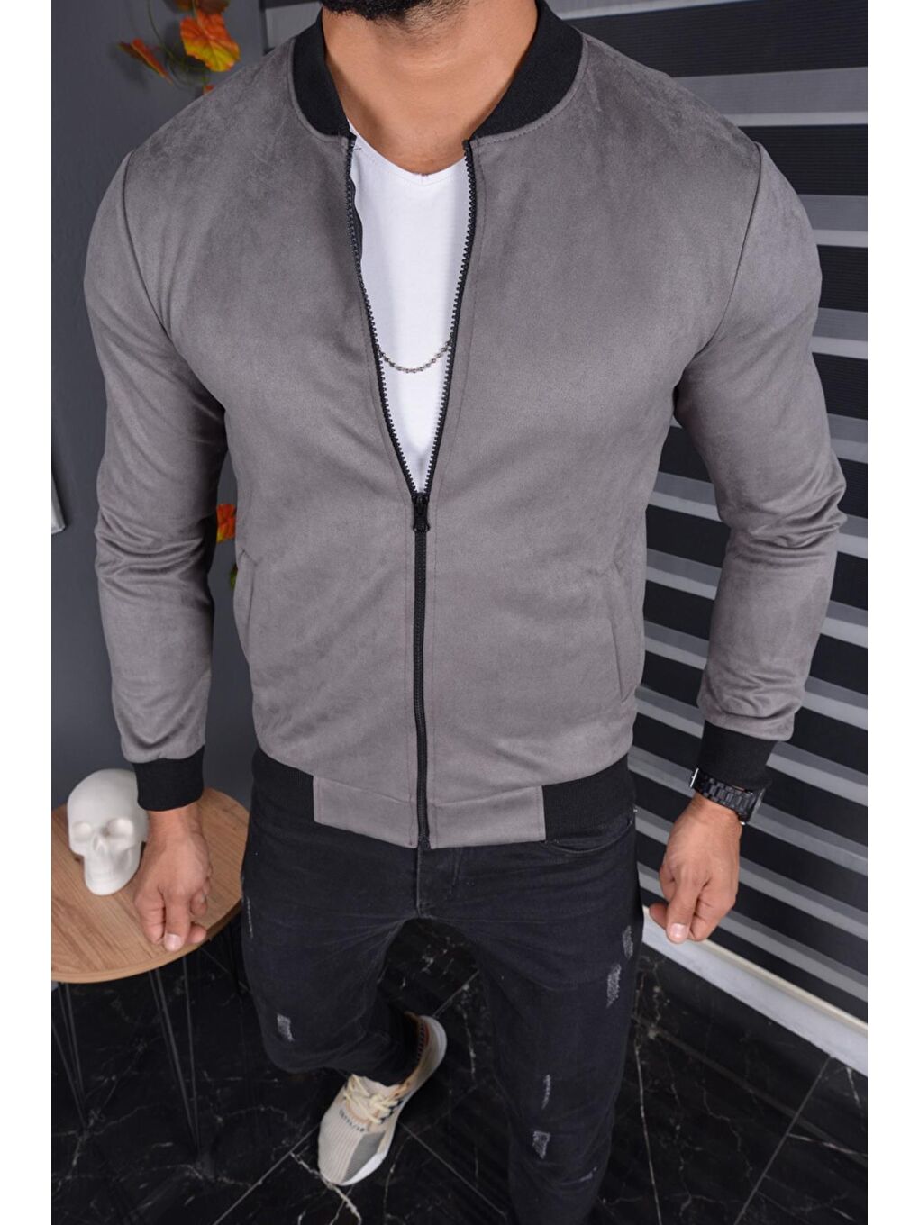 Gri Eddy Extra Slim Fit Mevsimlik Erkek Süet Ceket