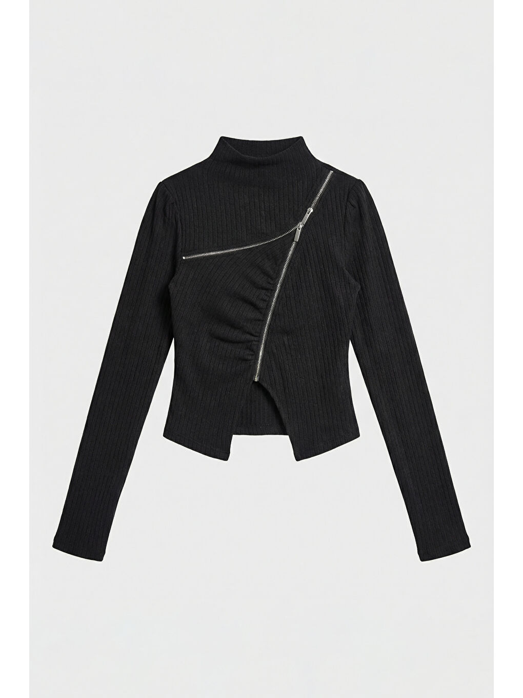 Kadın Siyah w5 Asimetrik Kesim Fermuar Detaylı Özel Tasarım Crop Top-3